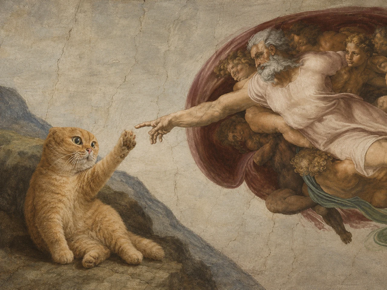 The Creation of Cat reimagined as fine art with painterly detail and a gallery-worthy pet portrait look