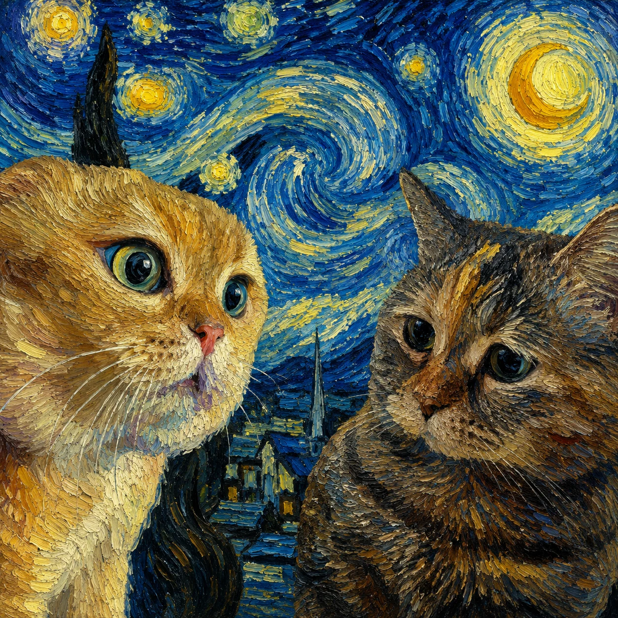 The Starry Night reimagined as fine art with painterly detail and a gallery-worthy pet portrait look