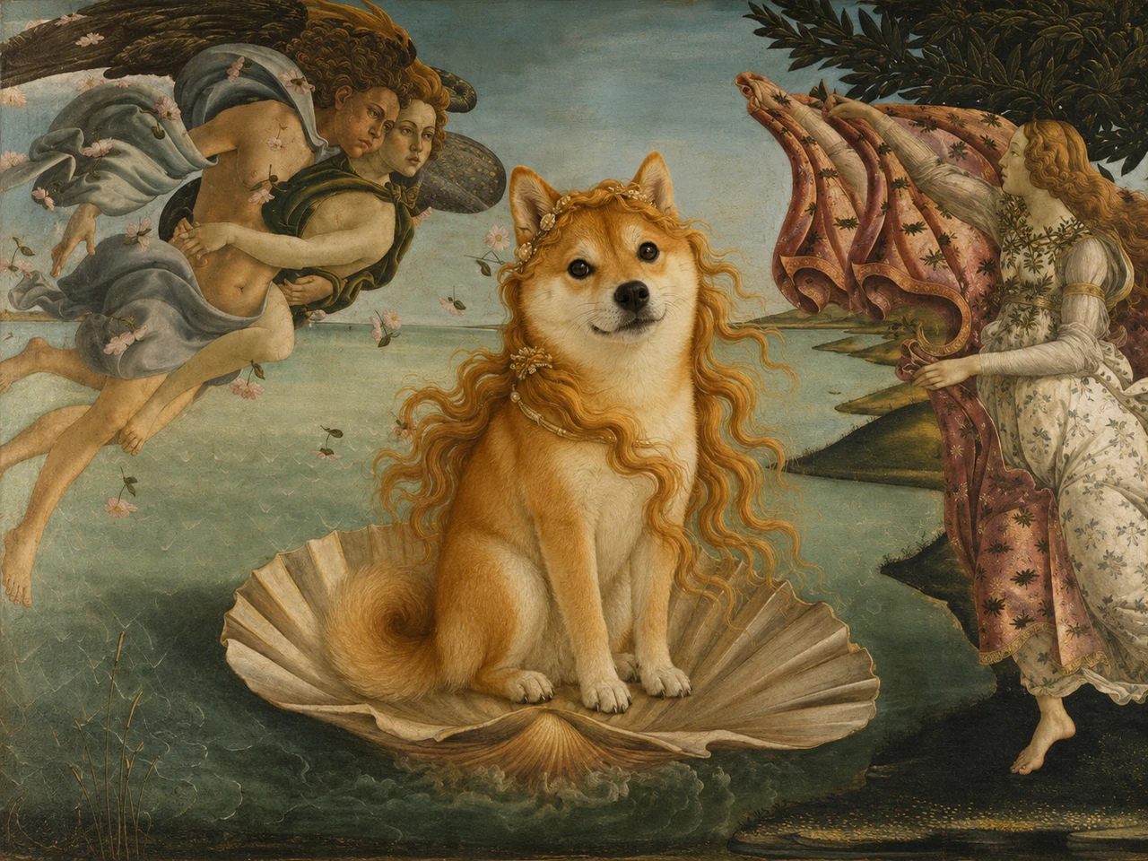 The Birth of Venus reimagined as fine art with painterly detail and a gallery-worthy pet portrait look