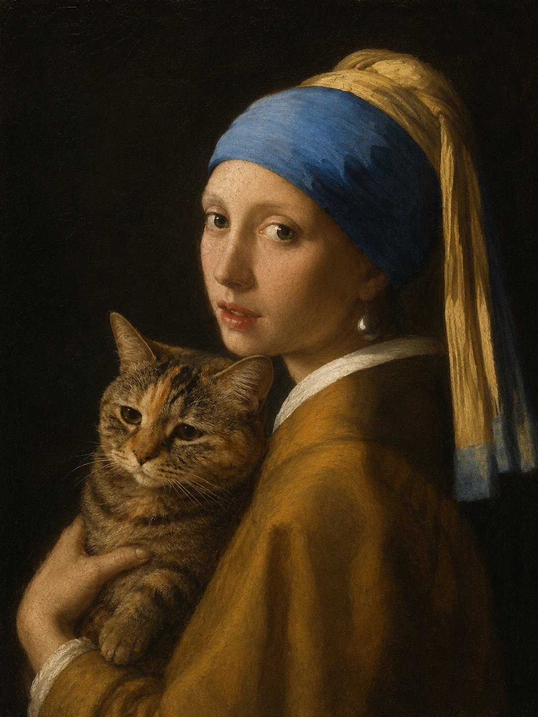 Pet portrait held by a girl with a pearl earring in a classic oil painting scene