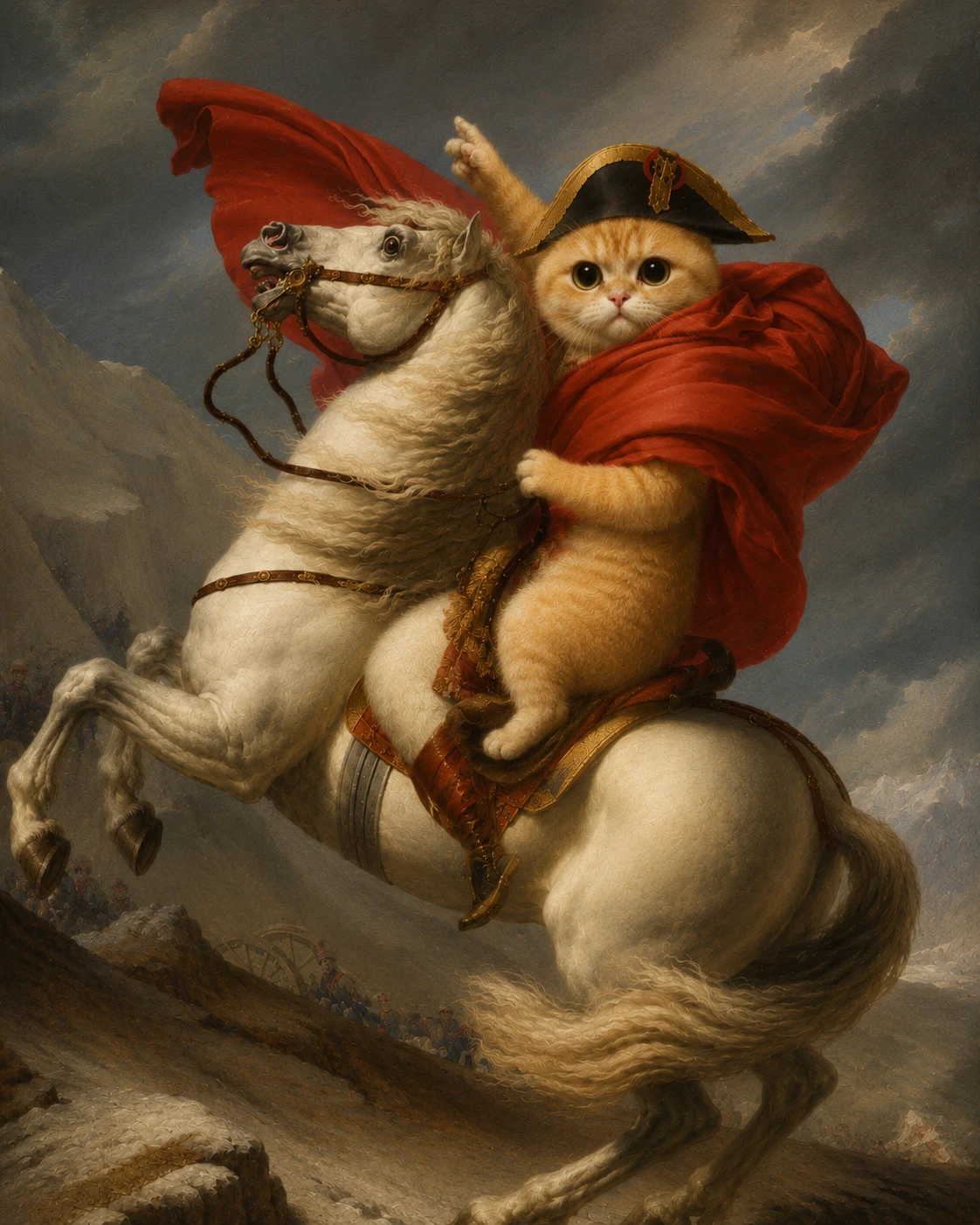 Heroic pet riding a white horse in a dramatic classical painting remake