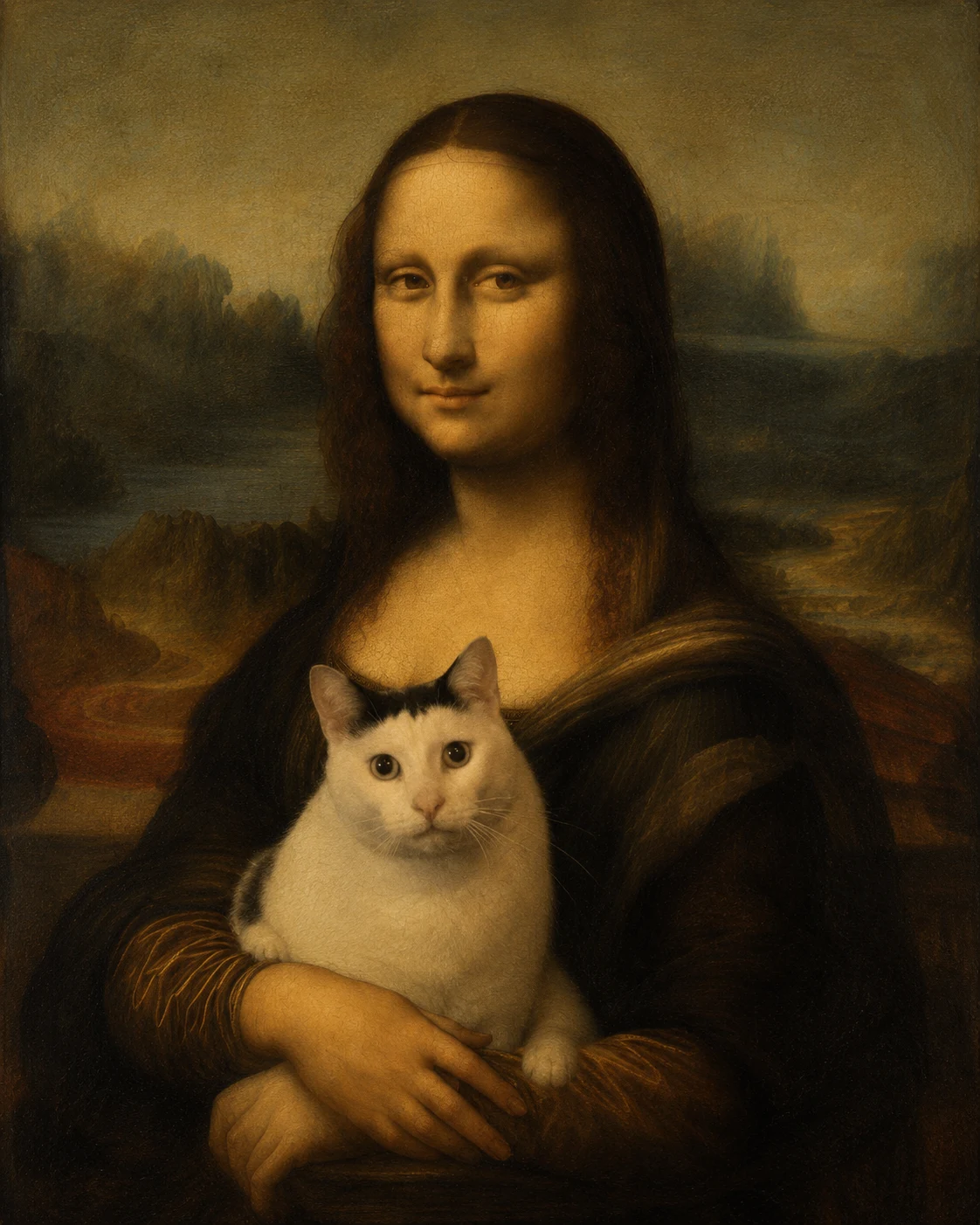Mona Lisa's Cat reimagined as fine art with painterly detail and a gallery-worthy pet portrait look