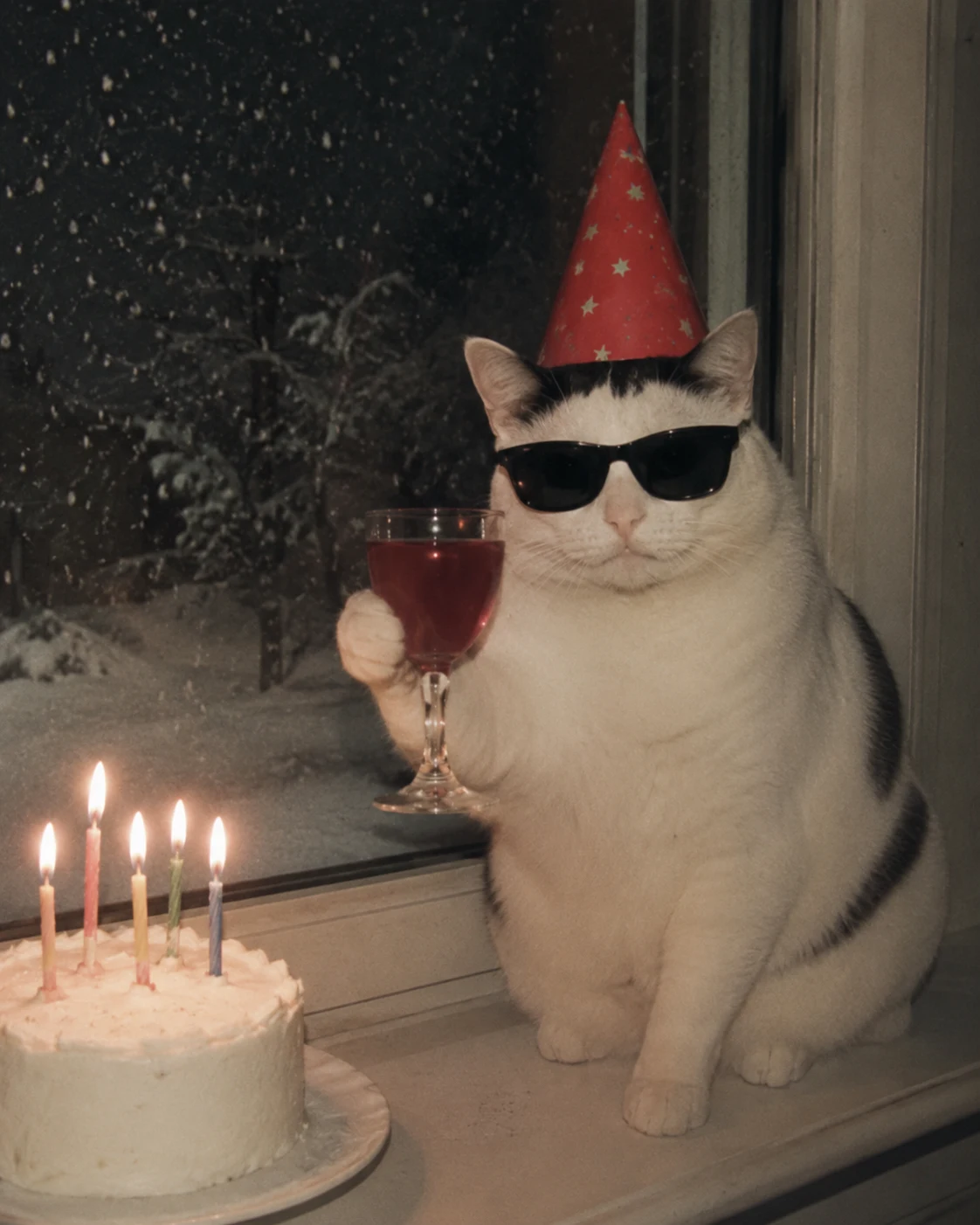 Birthday on a Snowy Night in a festive pet birthday scene with party details and warm celebration mood