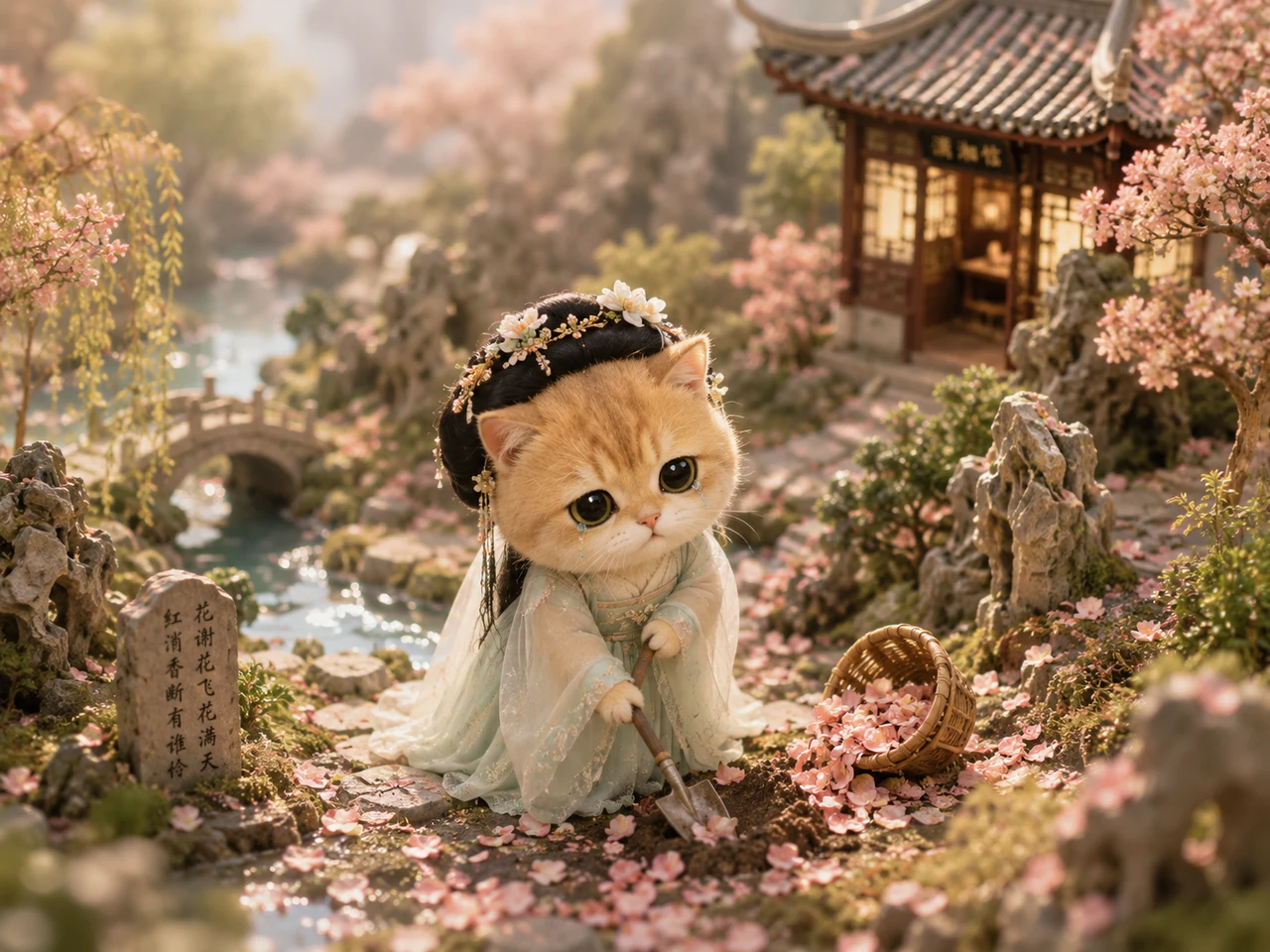 Miniature pet in a dreamy classical garden scene inspired by Chinese literary cosplay