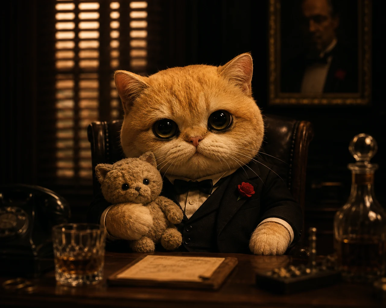 The Godfather with detailed pet cosplay styling, costume details, and a playful character portrait mood