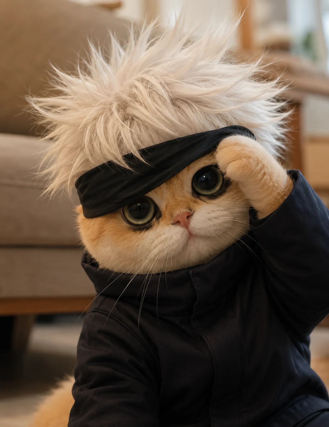 Satoru Gojo Cosplay with detailed pet cosplay styling, costume details, and a playful character portrait mood