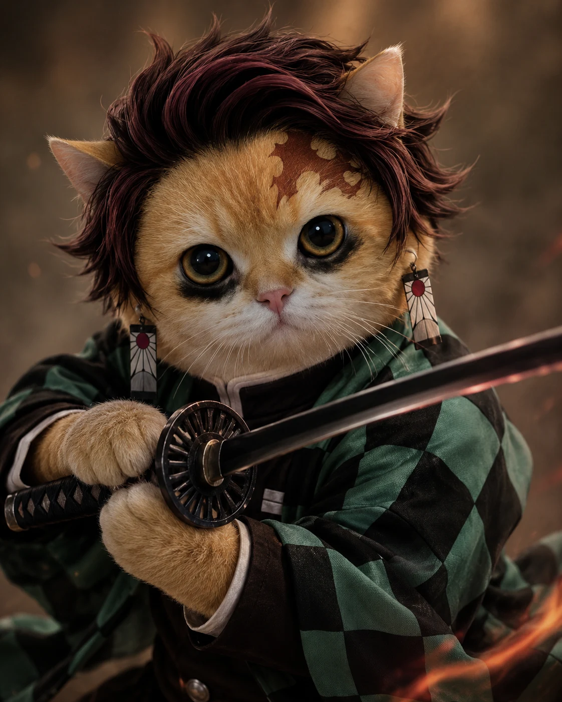 Cat in anime swordsman cosplay with a checkered cloak, sword, and heroic social-media portrait styling