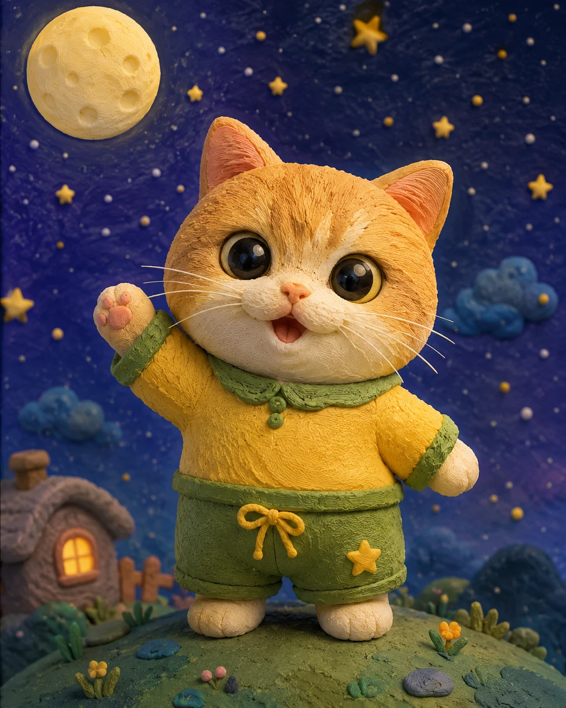 Claymation pet sculpture with handmade texture, bright clothing, and a starry whimsical backdrop