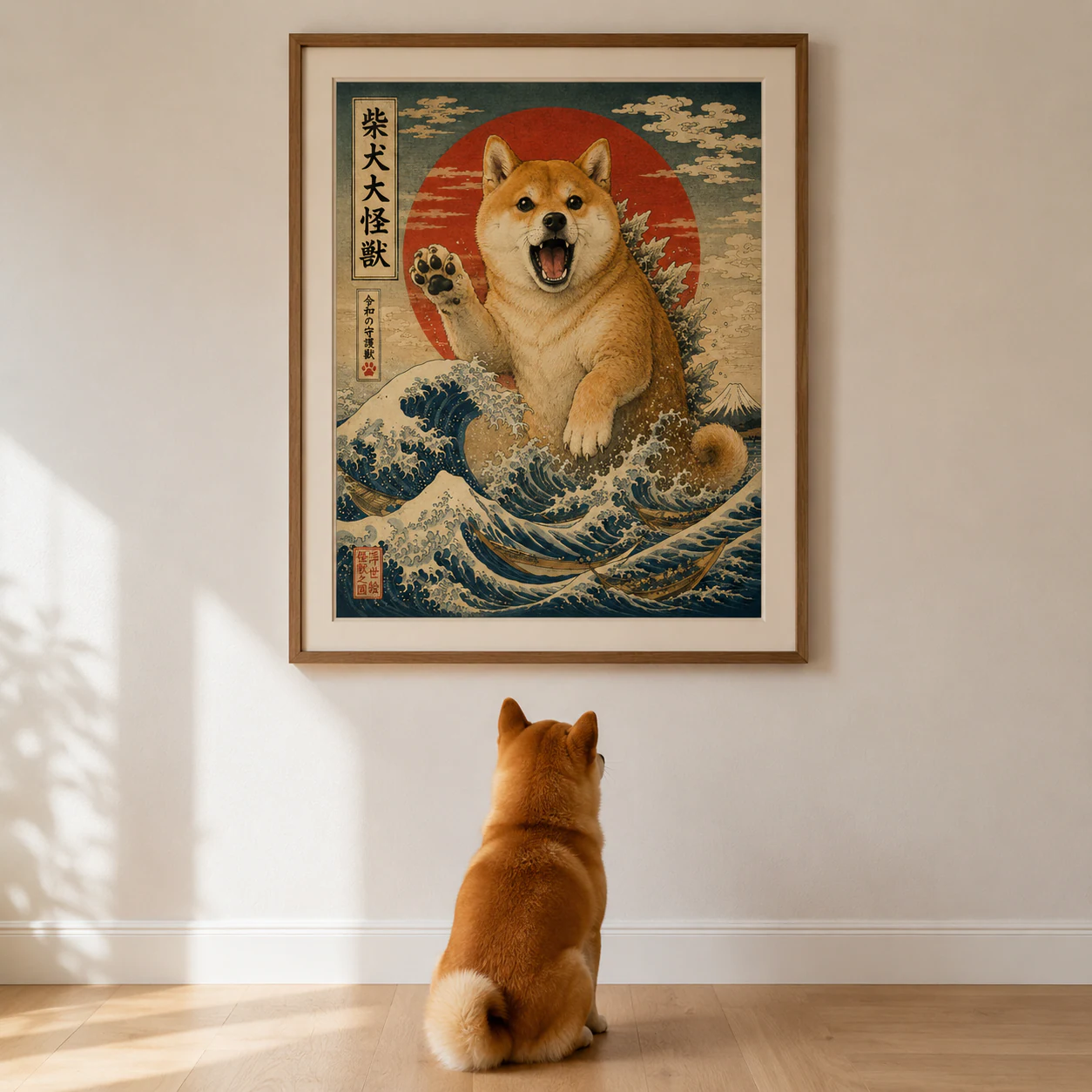 Framed dog monster portrait hanging as playful custom pet wall art