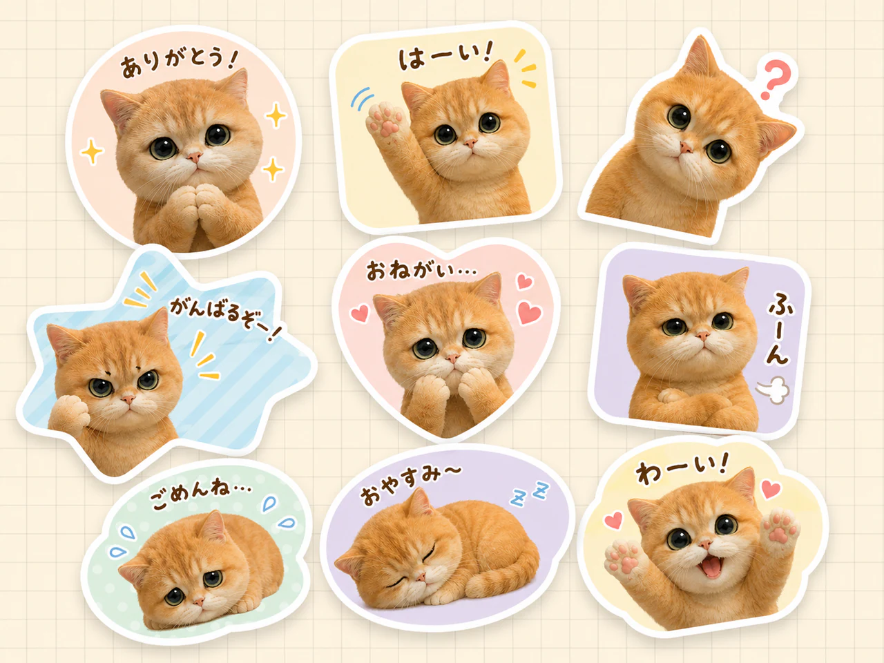 Custom cat sticker sheet with cute expressive pet reactions for laptops, mugs, and journals