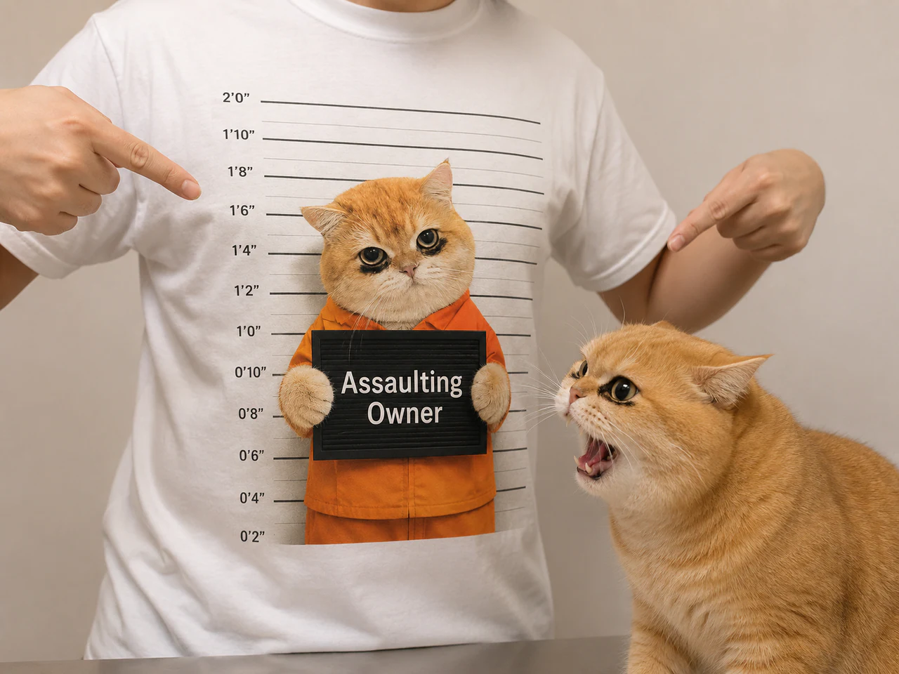 Custom pet T-shirt printed with a funny orange-outfit cat portrait
