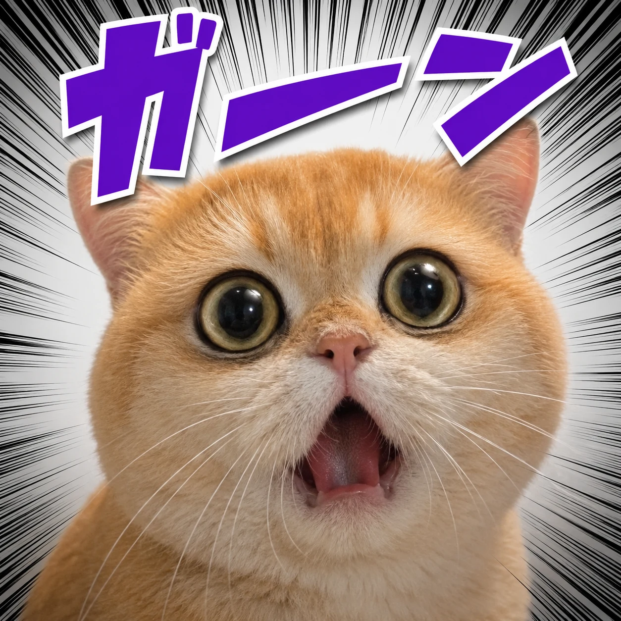 Shocked cat sticker with wide eyes, open mouth, and bold chat-ready reaction style