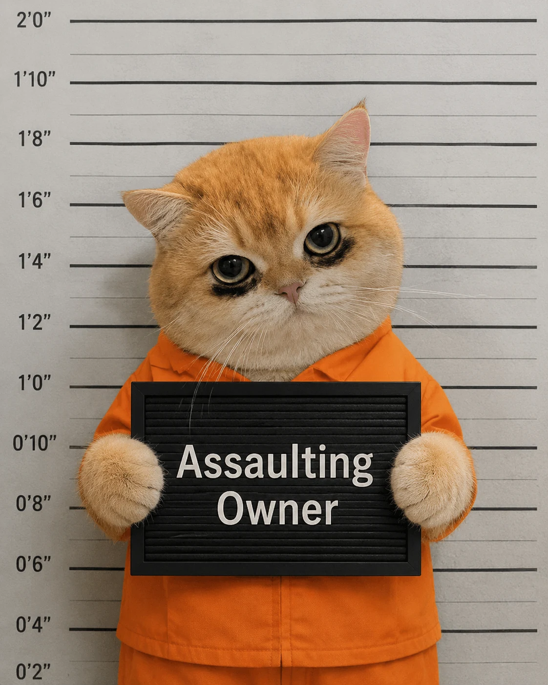 Mugshot-style cat in an orange prison outfit holding a booking sign for a playful pet meme