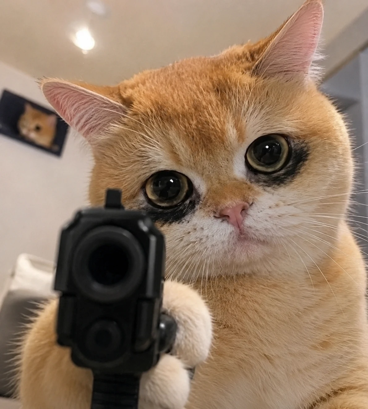 Funny close-up cat meme with wide eyes, dramatic perspective, and a paw reaching toward the camera