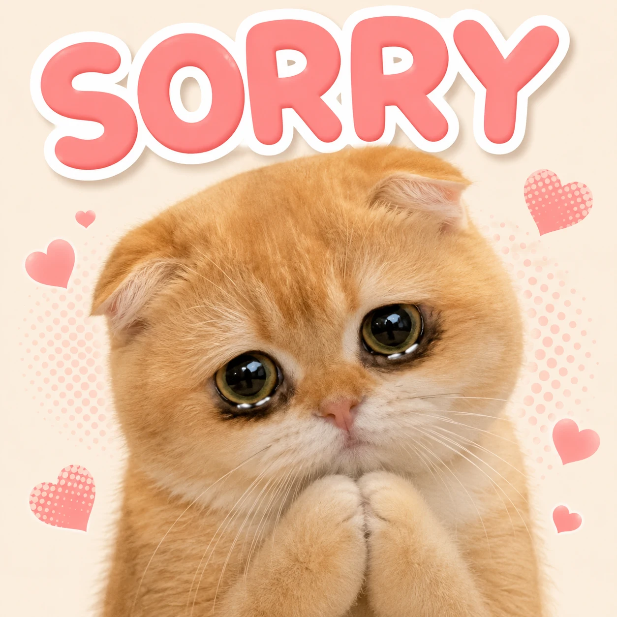 Cute sorry cat sticker with soft pink hearts and an expressive pet meme look