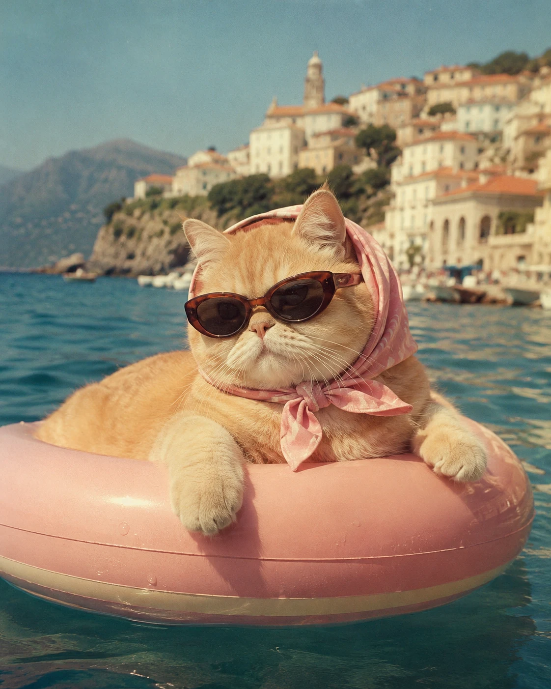Seaside vacation cat floating in a pink swim ring with retro sunglasses and Mediterranean summer style