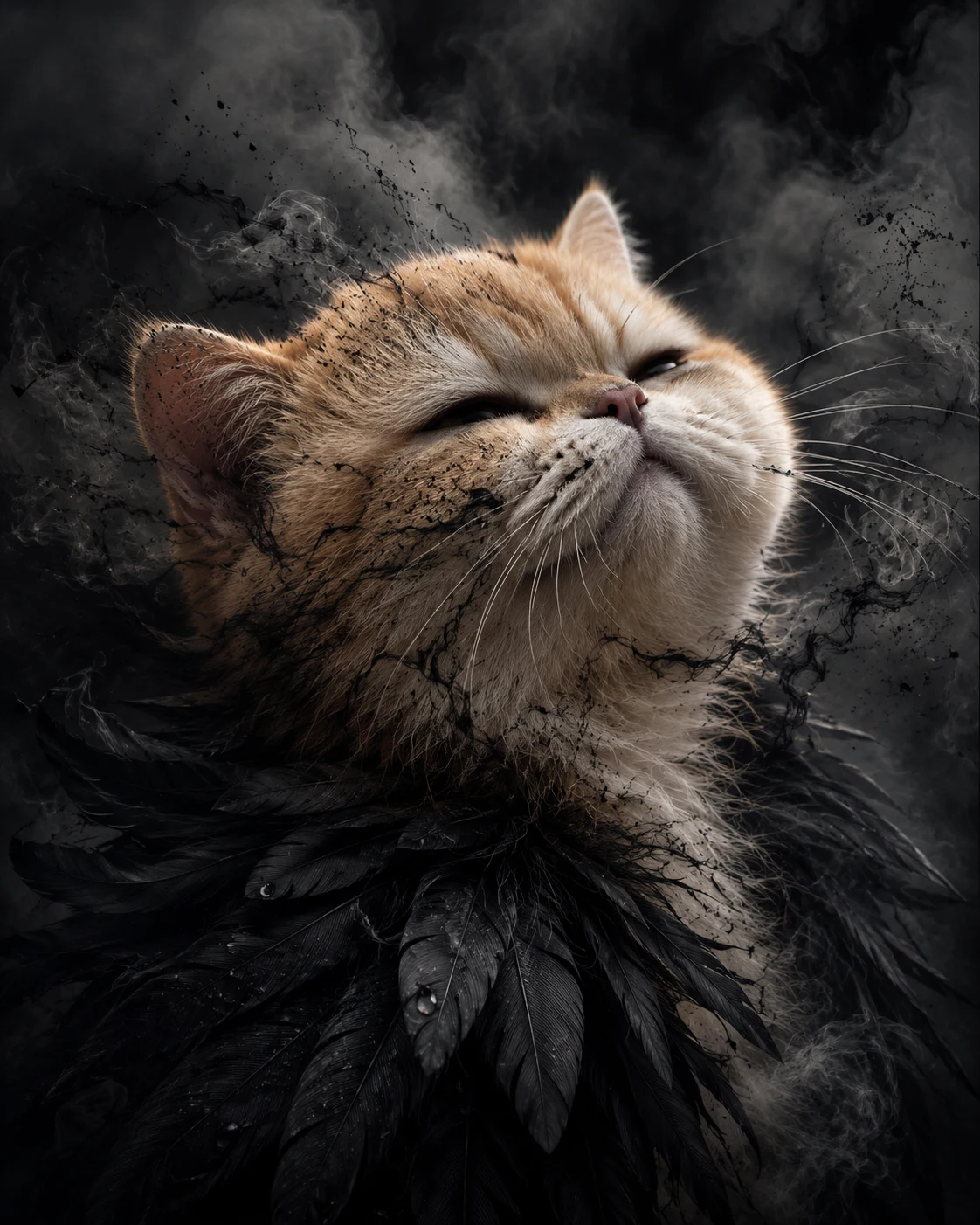 Dark cinematic pet portrait with black feathers, smoke, and mysterious fantasy mood