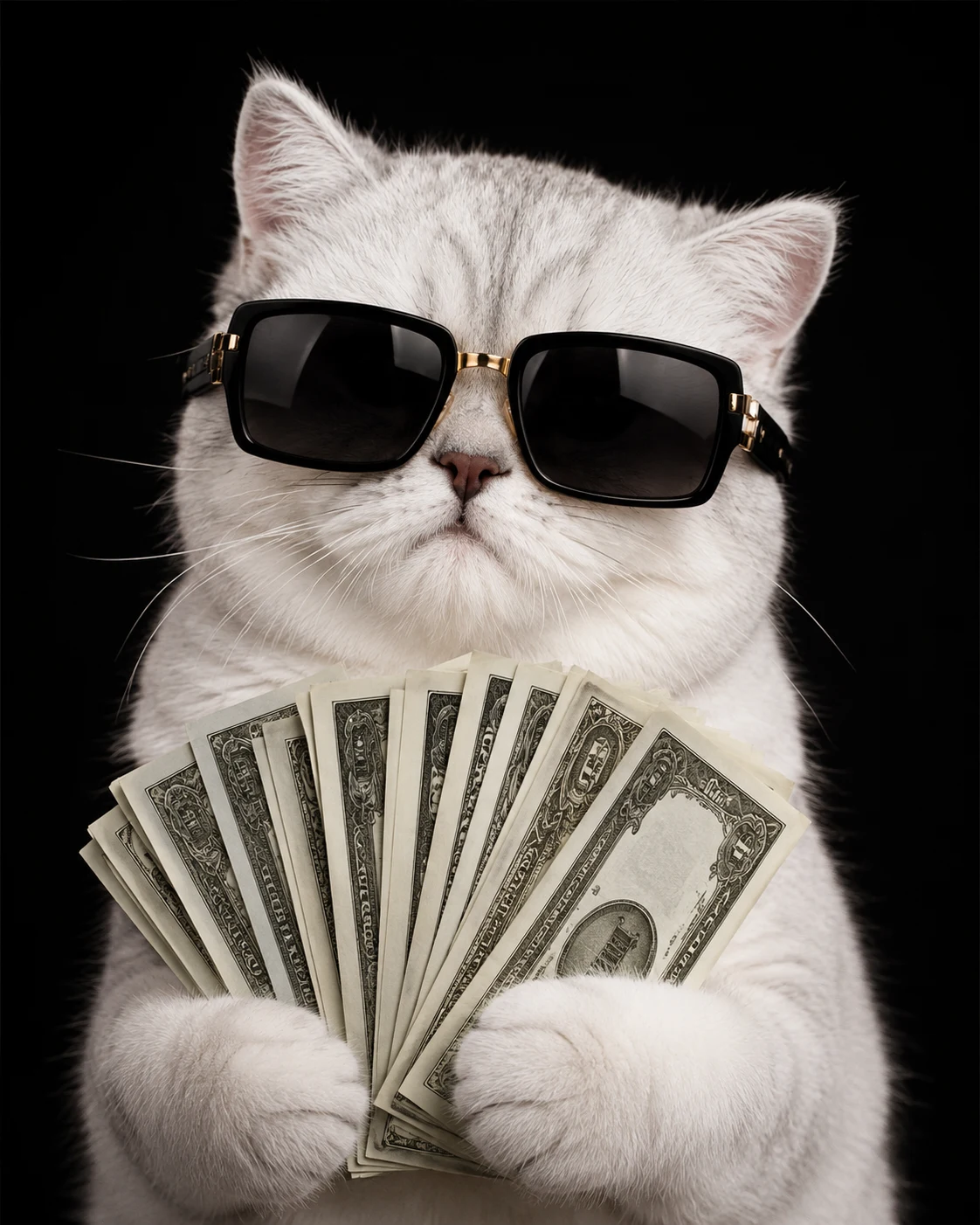 Rich boss cat wearing sunglasses and holding cash in a luxury viral pet portrait